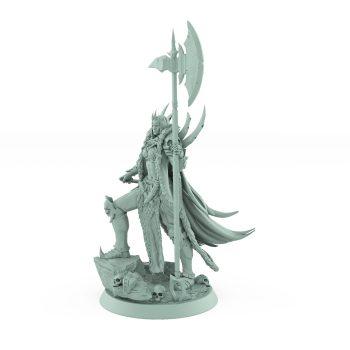 fantasy female warrior miniature with battle axe standing over stone in cape from unchained collection