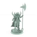 fantasy female warrior miniature with battle axe standing over stone in cape from unchained collection