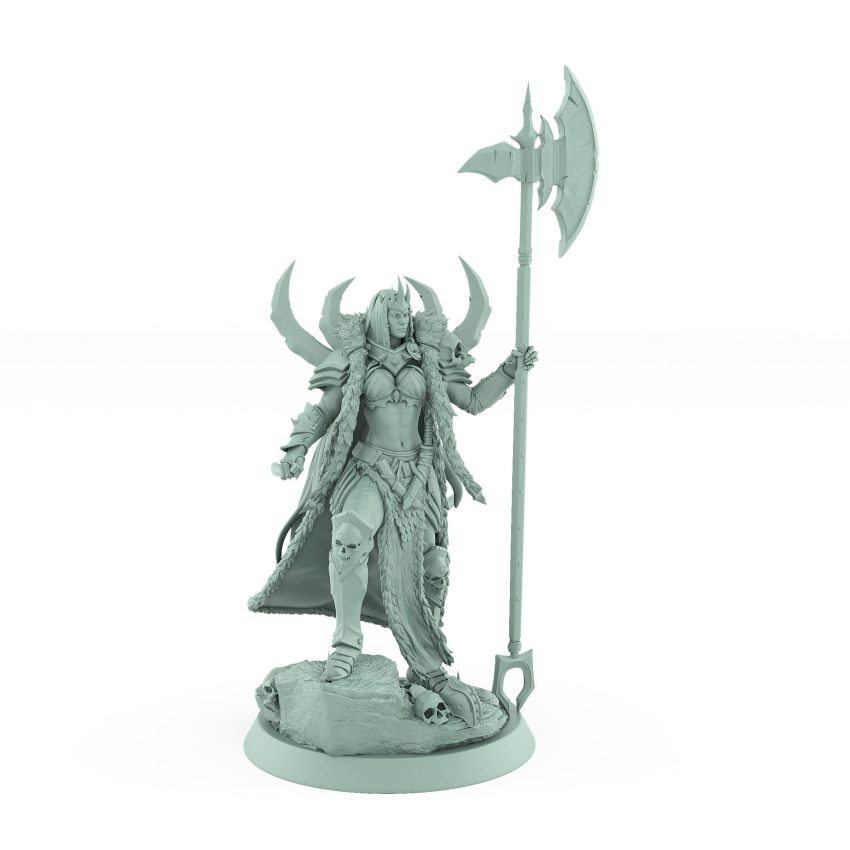 fantasy female warrior miniature with battle axe standing over stone in cape from unchained collection