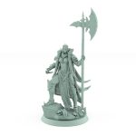 fantasy female warrior miniature in cloak holding battle axe standing on stone from unchained collection