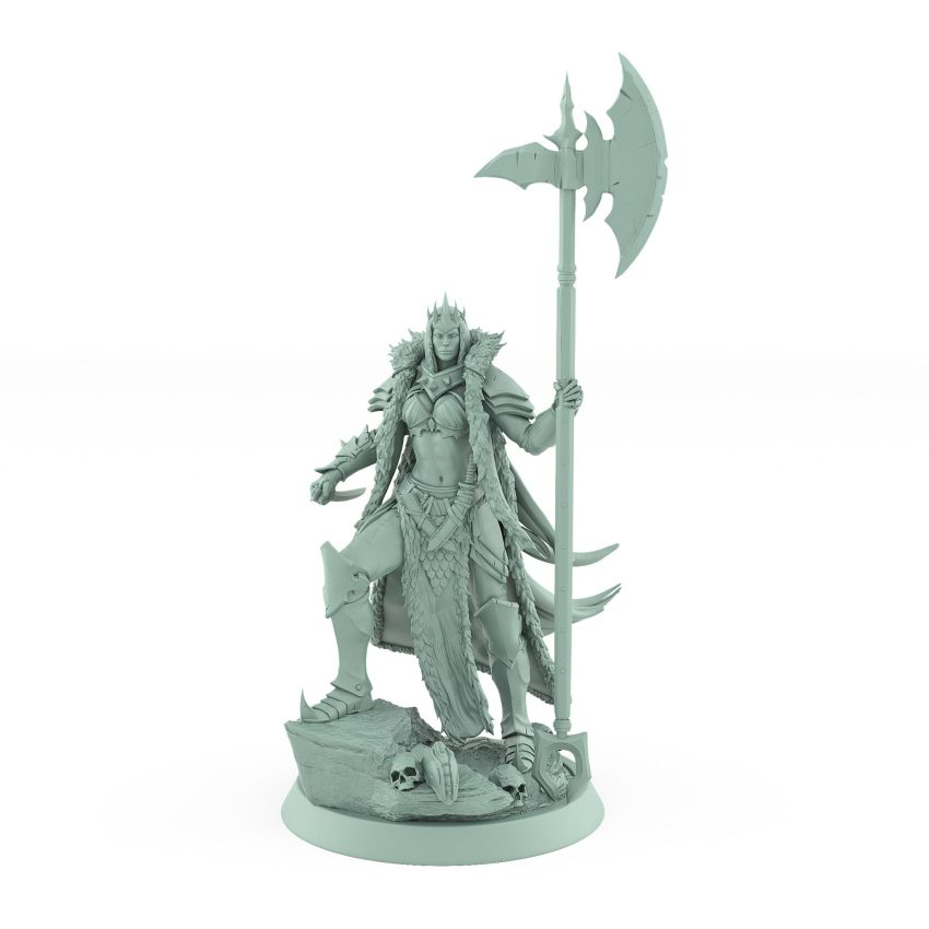 fantasy female warrior miniature in cloak holding battle axe standing on stone from unchained collection