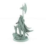 fantasy female warrior miniature in cloak holding battle axe standing on stone from unchained collection