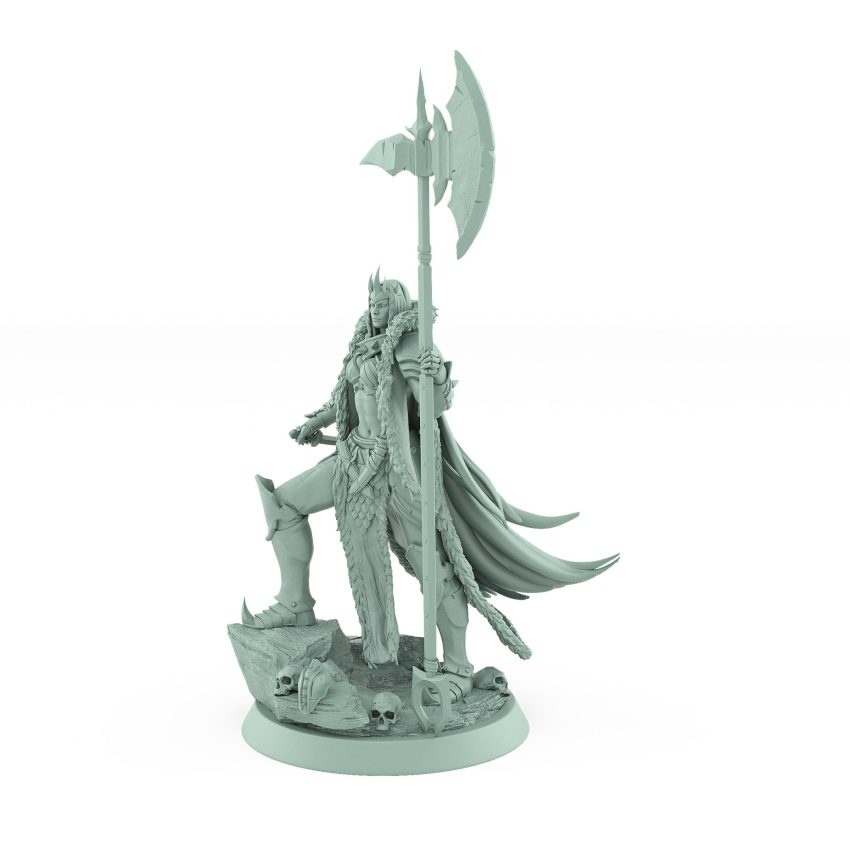 fantasy female warrior miniature in cloak holding battle axe standing on stone from unchained collection
