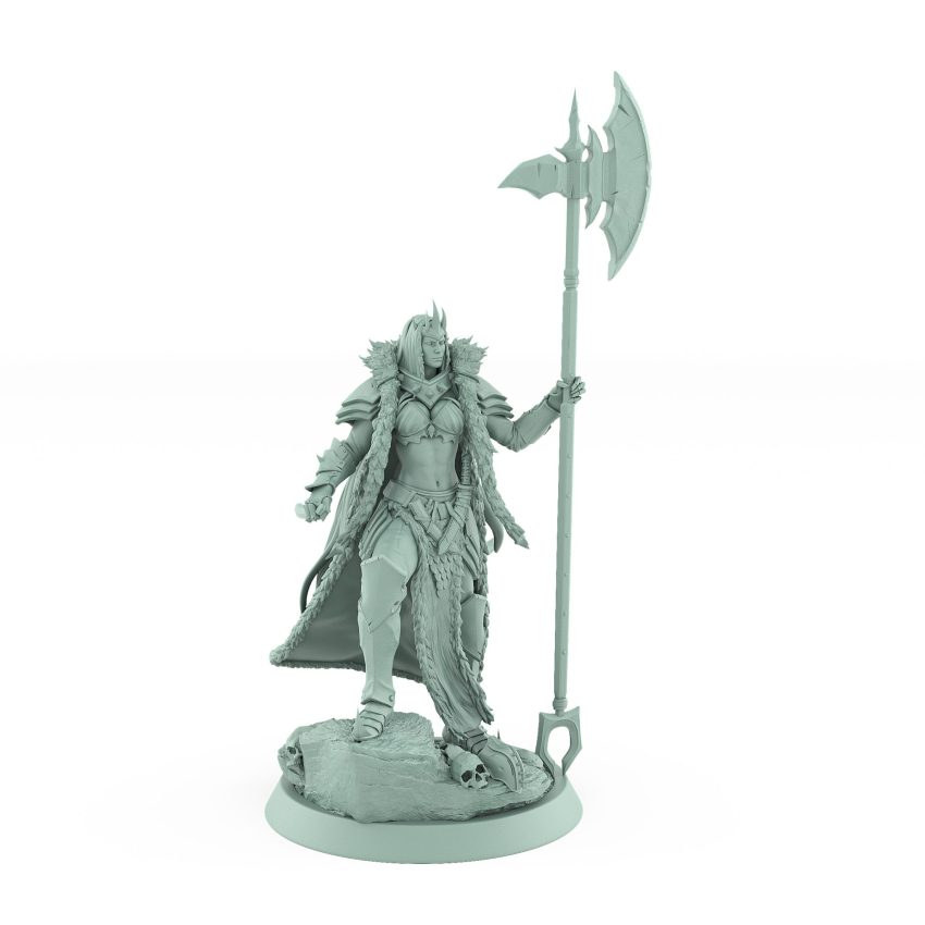fantasy female warrior miniature in cloak holding battle axe standing on stone from unchained collection