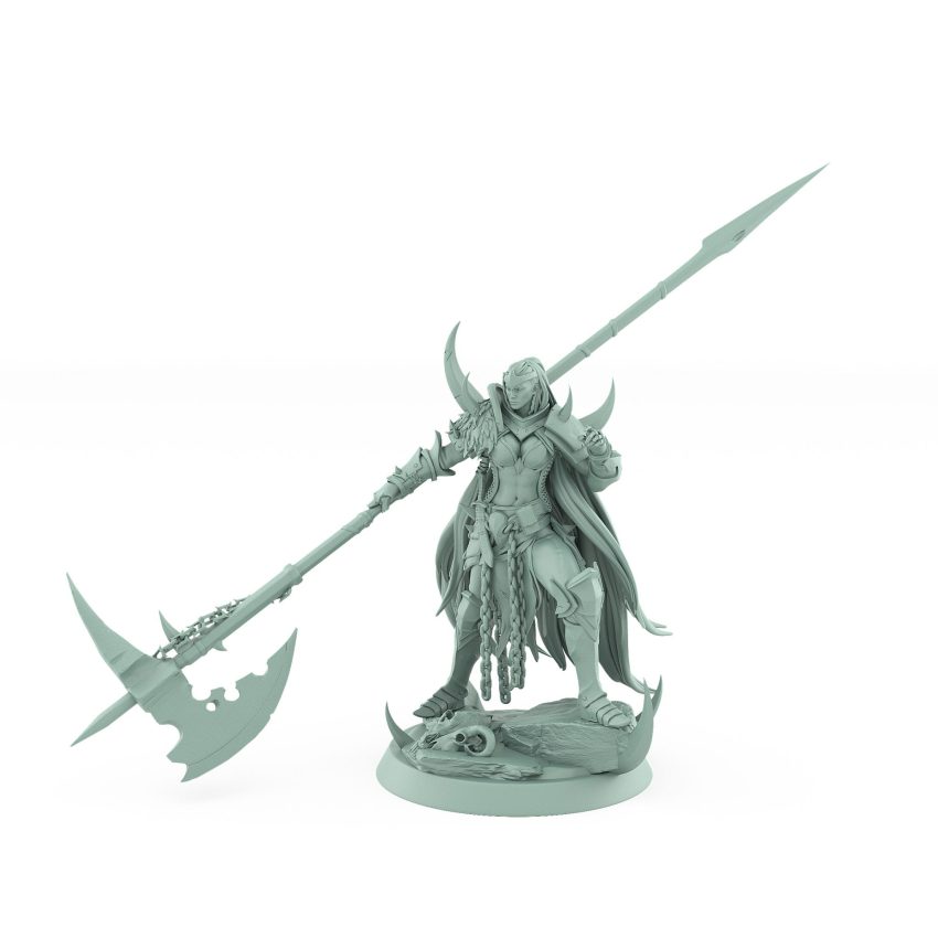 detailed female fantasy warrior with halberd and cape from unchained collection standing on skull base