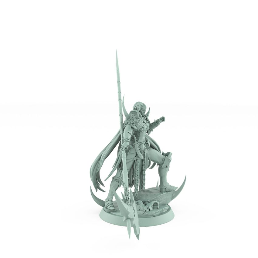 detailed female fantasy warrior with halberd and cape from unchained collection standing on skull base
