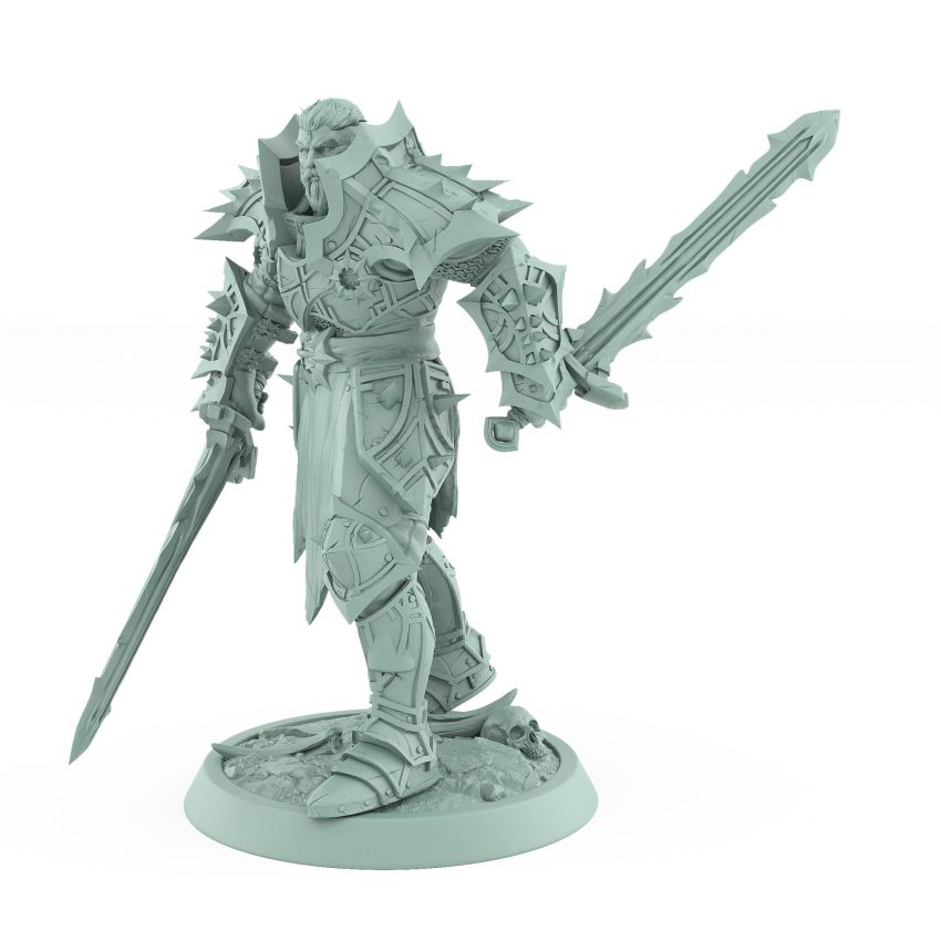unchained commander attack dark armored fantasy knight with rune blades tabletop stl printable miniature