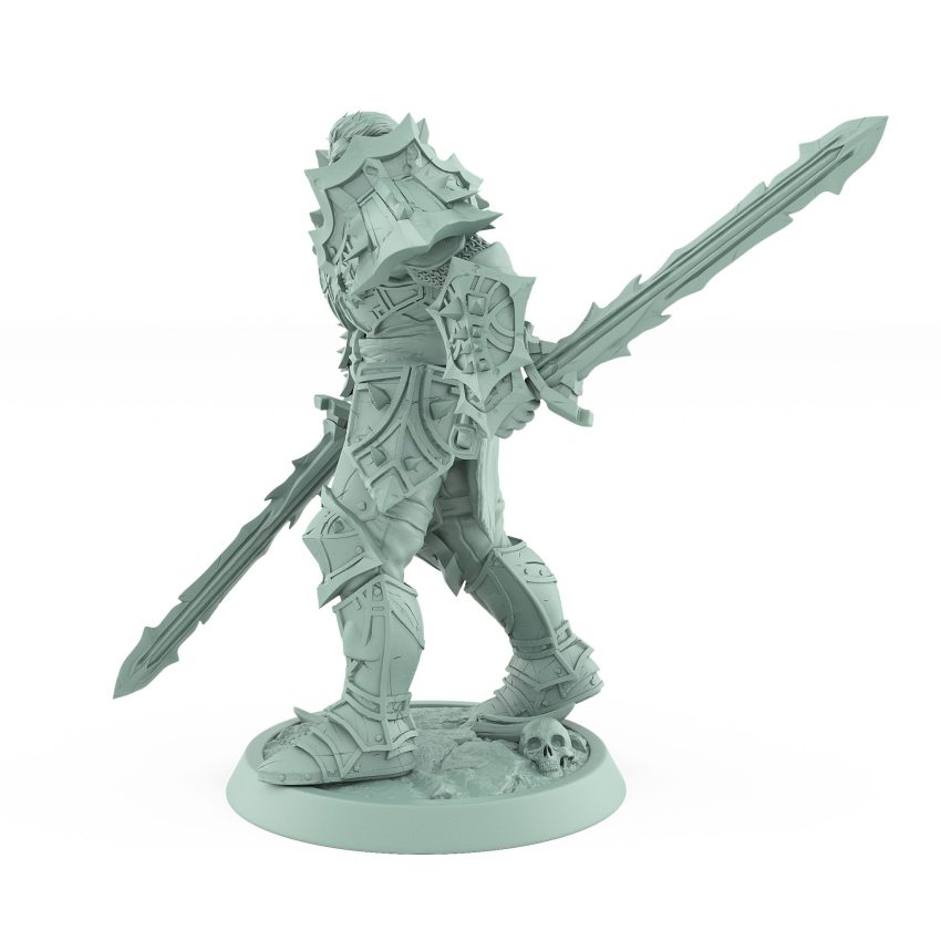 unchained commander attack dark armored fantasy knight with rune blades tabletop stl printable miniature