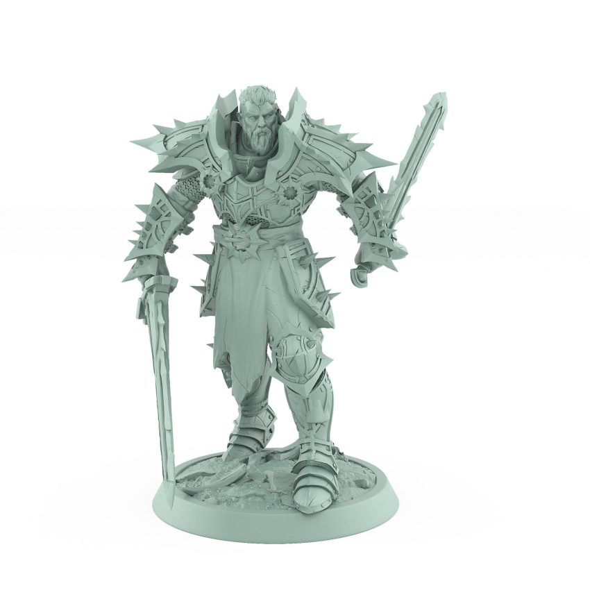 unchained commander attack dark armored fantasy knight with rune blades tabletop stl printable miniature
