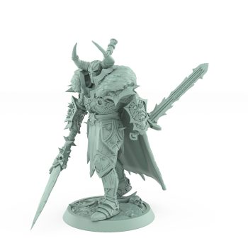 detailed fantasy miniature of armored commander with horned helm swords and fur cloak from the Unchained Collection