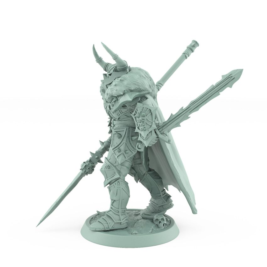 detailed fantasy miniature of armored commander with horned helm swords and fur cloak from the Unchained Collection