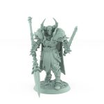 detailed fantasy miniature of armored commander with horned helm swords and fur cloak from the Unchained Collection