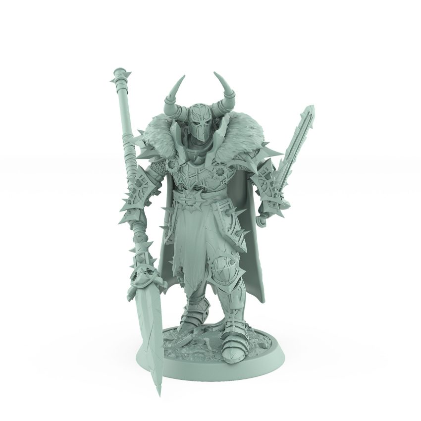 detailed fantasy miniature of armored commander with horned helm swords and fur cloak from the Unchained Collection