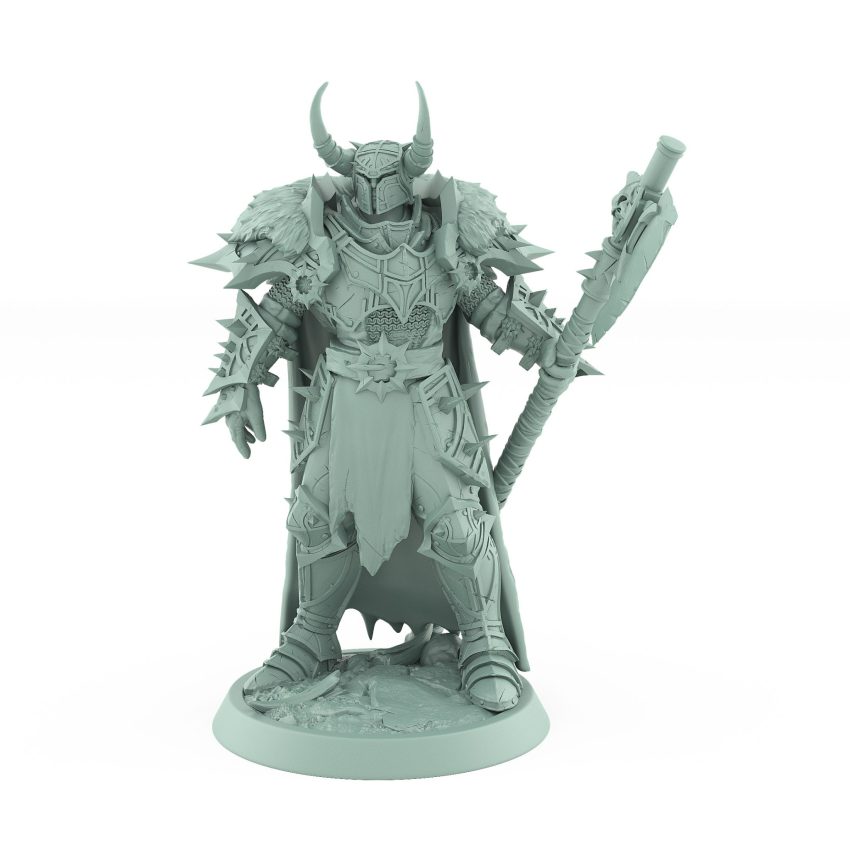 unchained commander chief cape dark fantasy villain knight model with spiked armor and skull mace