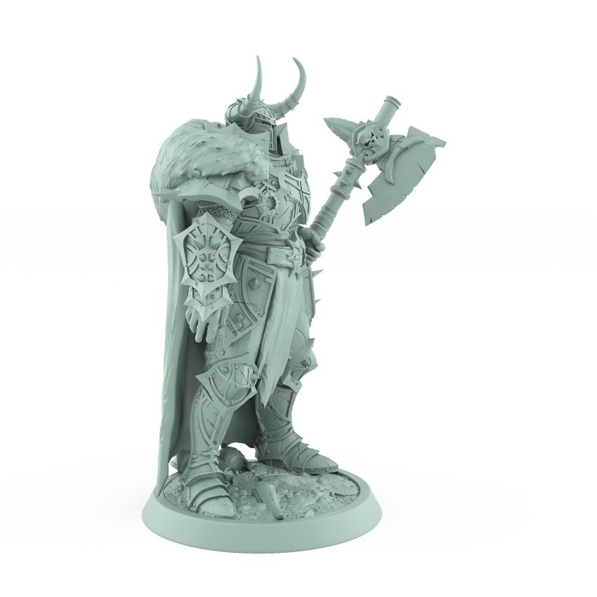 unchained commander chief cape dark fantasy villain knight model with spiked armor and skull mace