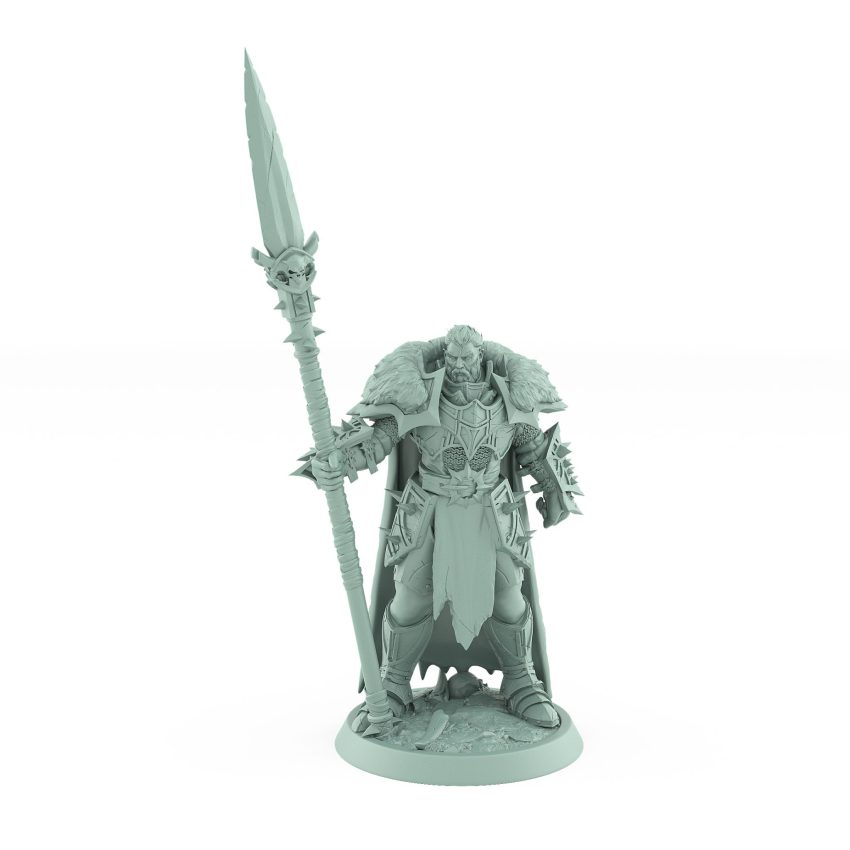 unchained commander mini with spear in spiked armor and fur cloak standing in commanding pose