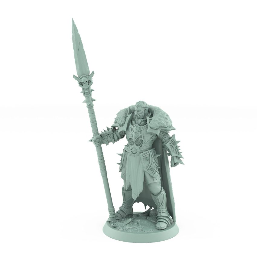 unchained commander mini with spear in spiked armor and fur cloak standing in commanding pose