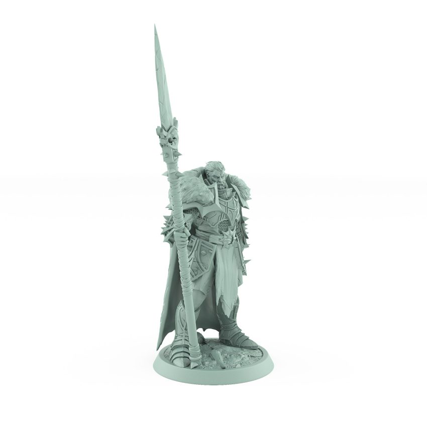unchained commander mini with spear in spiked armor and fur cloak standing in commanding pose