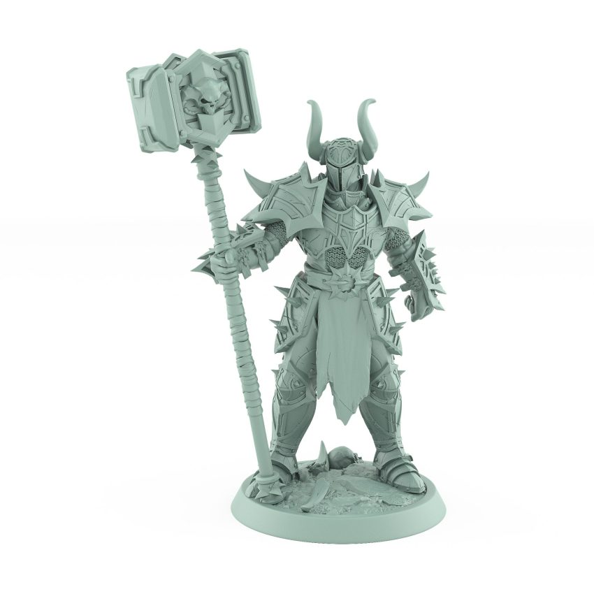 unchained commander helm warhammer style dark armored figure with spiked gear and skull hammer