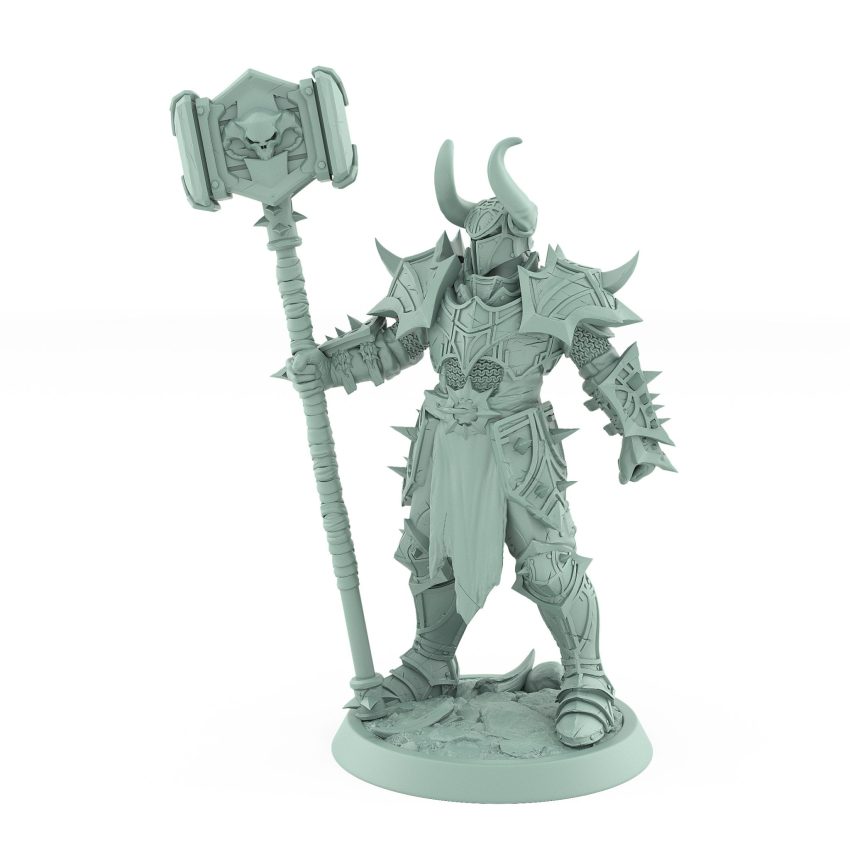 unchained commander helm warhammer style dark armored figure with spiked gear and skull hammer