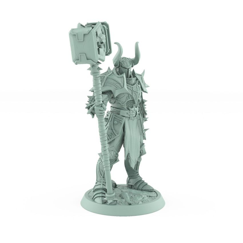 unchained commander helm warhammer style dark armored figure with spiked gear and skull hammer