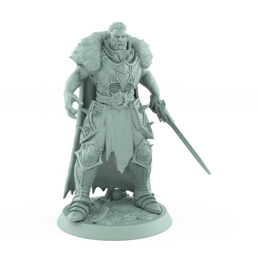 unchained commander idle in fur cape and armored legs standing ready with sword