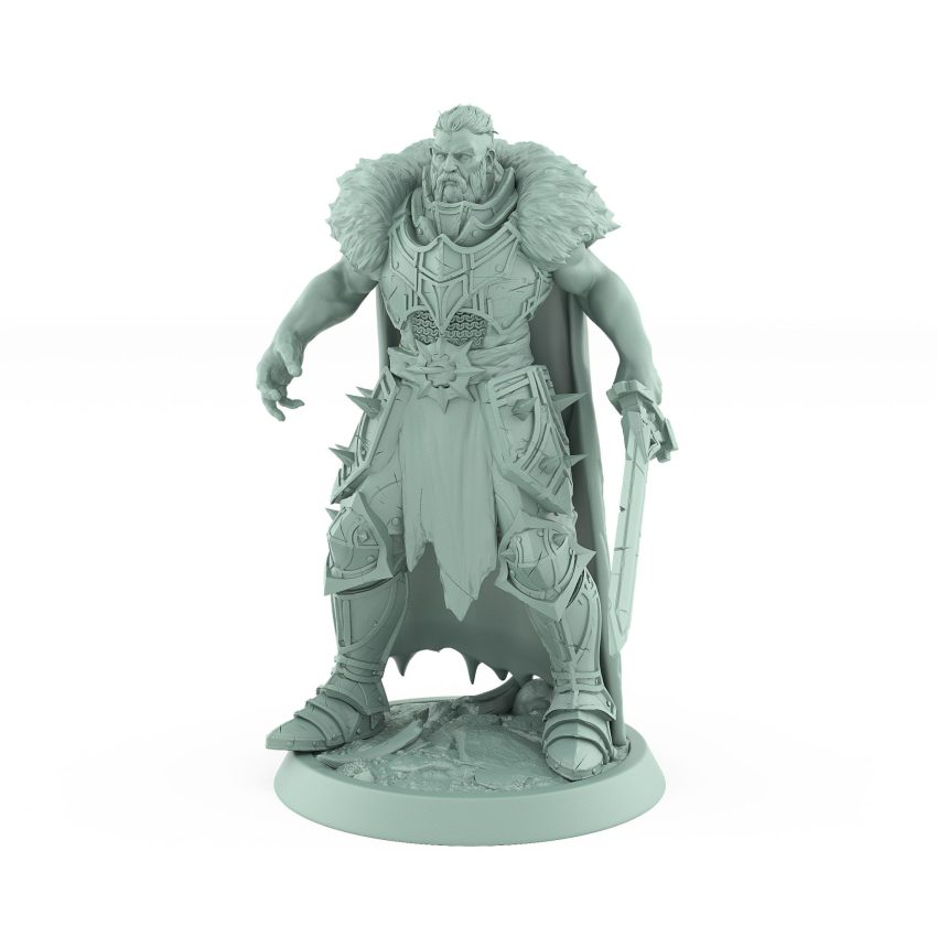 unchained commander idle in fur cape and armored legs standing ready with sword