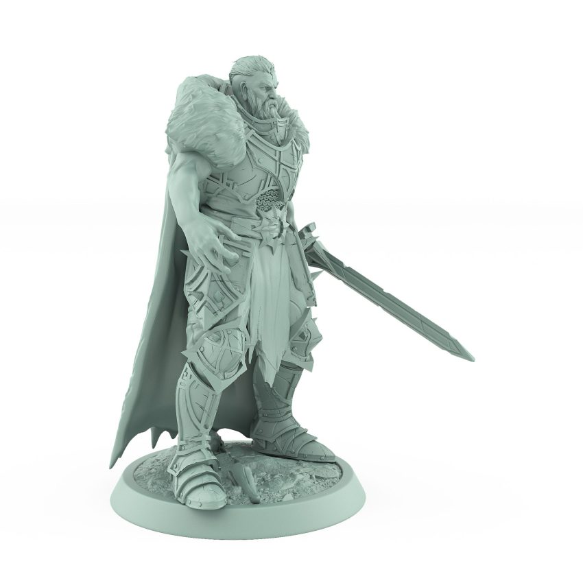 unchained commander idle in fur cape and armored legs standing ready with sword