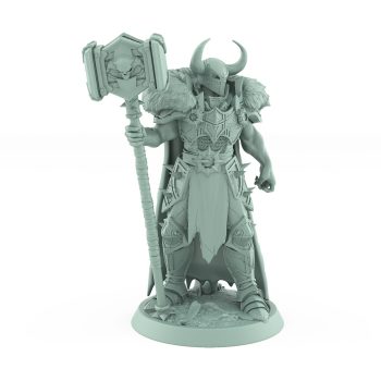 dark fantasy unchained commander in fur cape wielding warhammer in commanding stance