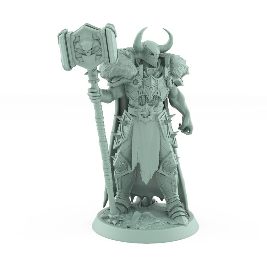 dark fantasy unchained commander in fur cape wielding warhammer in commanding stance