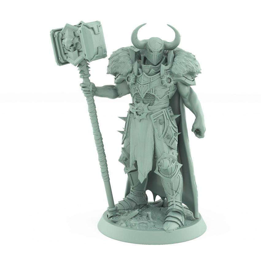 dark fantasy unchained commander in fur cape wielding warhammer in commanding stance