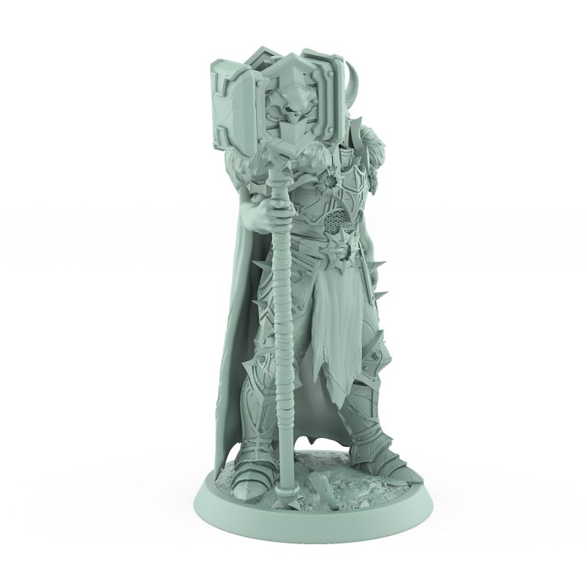 dark fantasy unchained commander in fur cape wielding warhammer in commanding stance