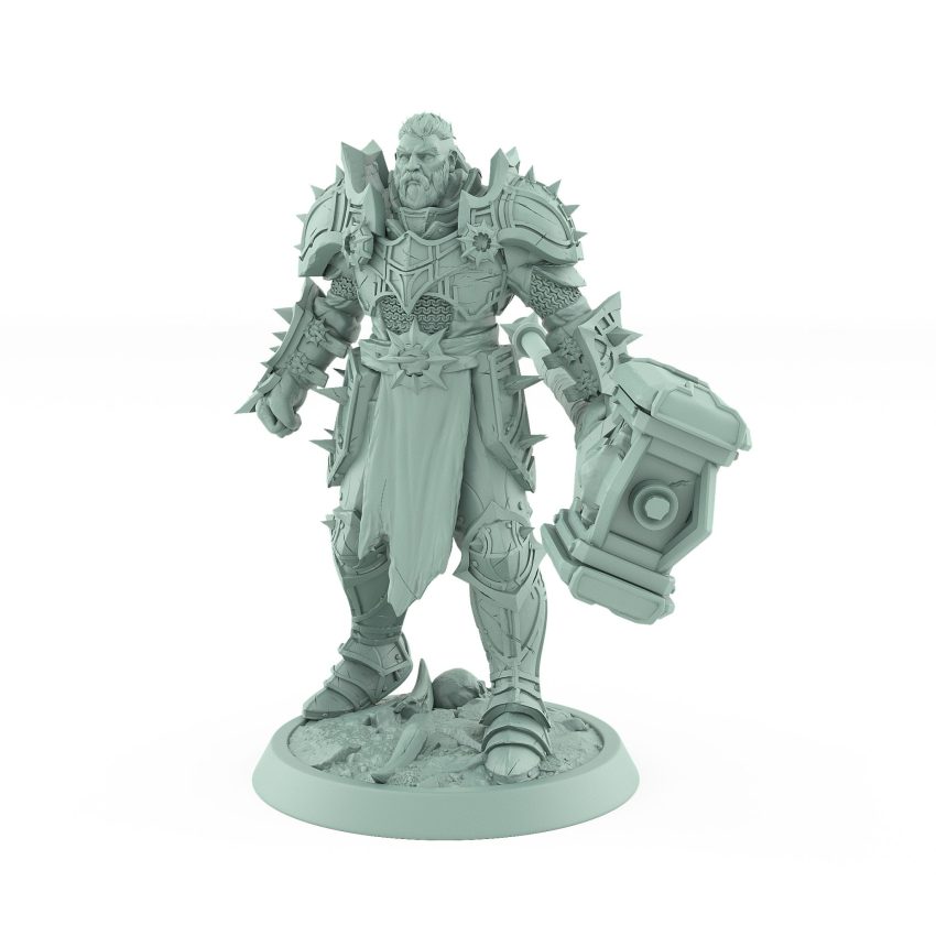 commanding warlord holding massive hammer in spiked armor from unchained collection