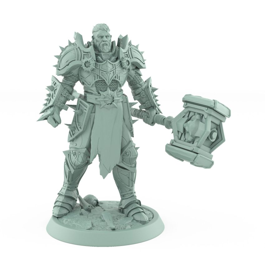 commanding warlord holding massive hammer in spiked armor from unchained collection