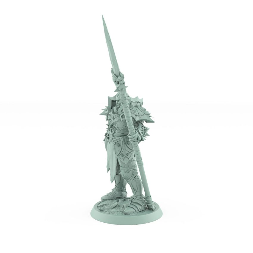 dark fantasy male commander with long spear and armored stance from unchained collection
