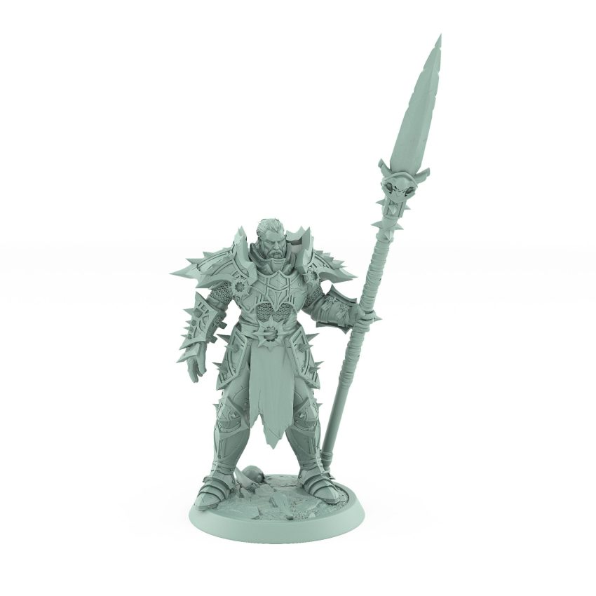 dark fantasy male commander with long spear and armored stance from unchained collection