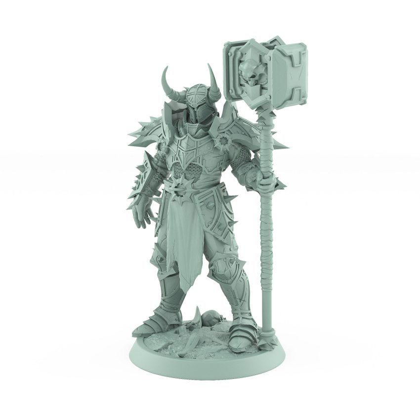 dark fantasy unchained human male in full armor holding massive hammer in standing pose