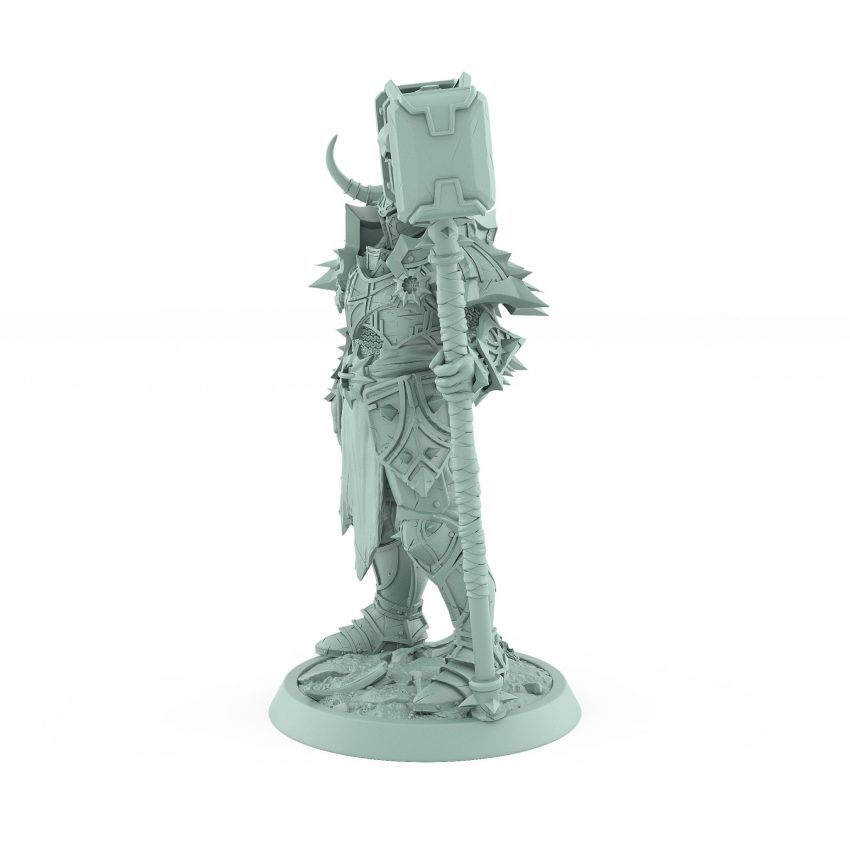 dark fantasy unchained human male in full armor holding massive hammer in standing pose