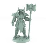 dark fantasy unchained human male in full armor holding massive hammer in standing pose