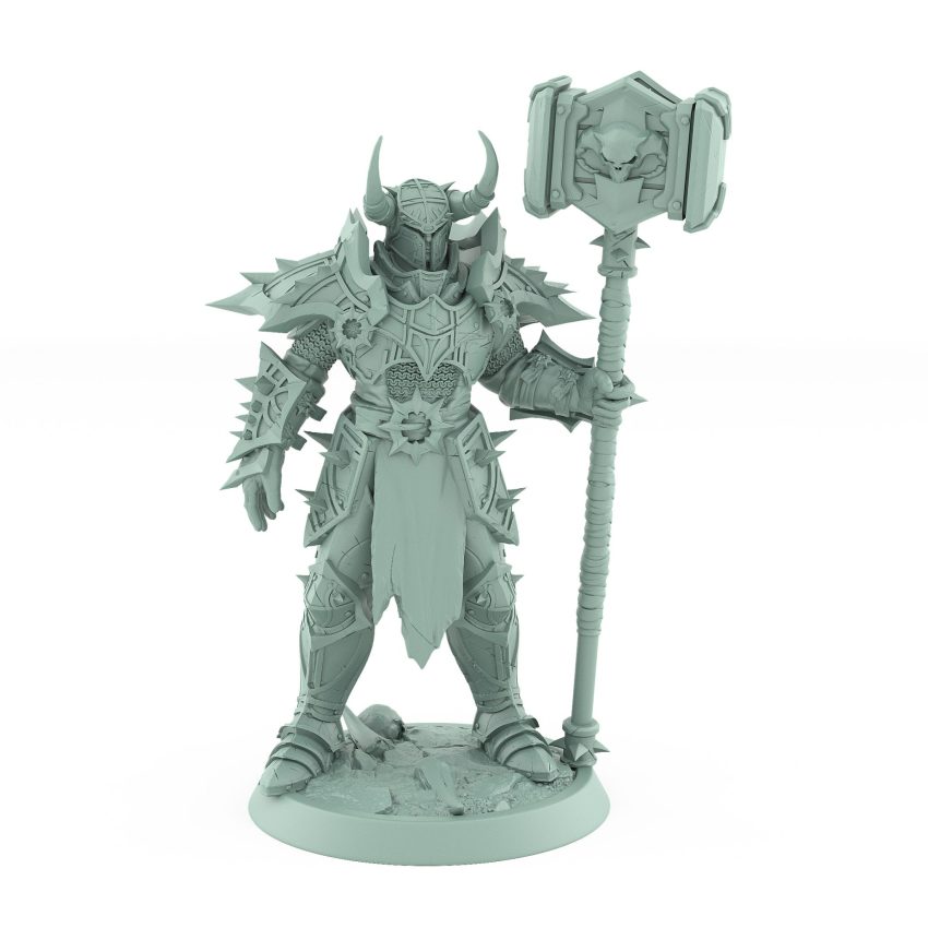 dark fantasy unchained human male in full armor holding massive hammer in standing pose