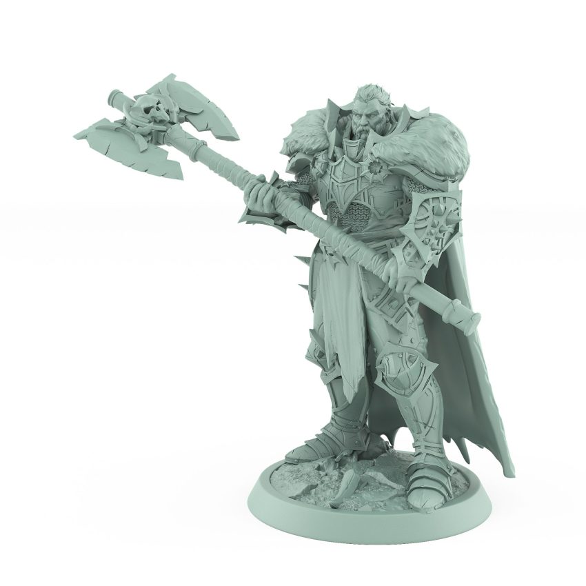regal human warrior with double-headed axe and fur cape from unchained collection