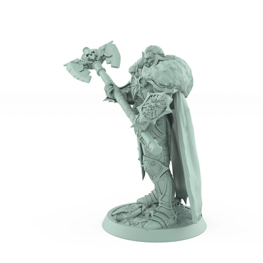 regal human warrior with double-headed axe and fur cape from unchained collection