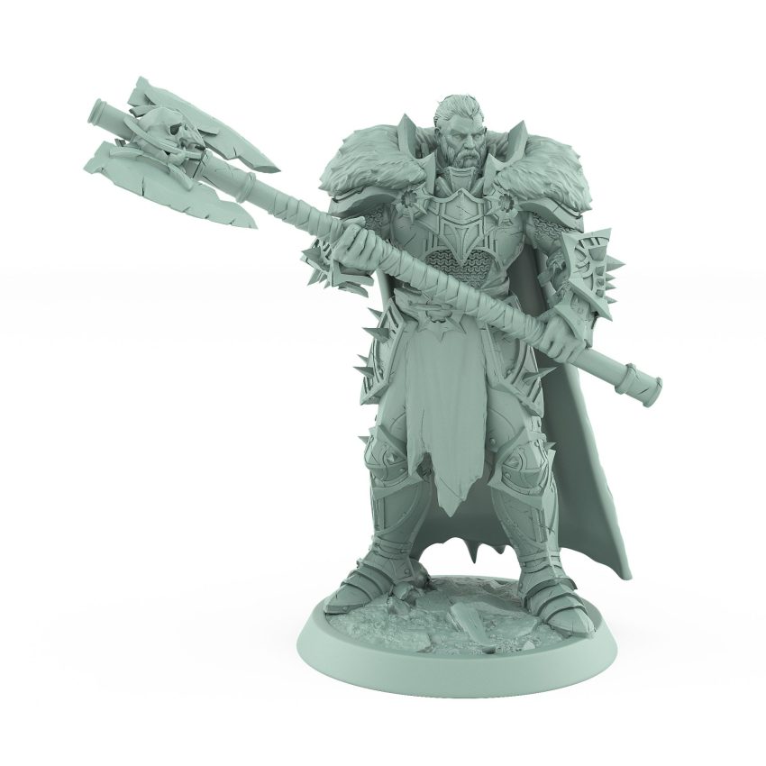 regal human warrior with double-headed axe and fur cape from unchained collection