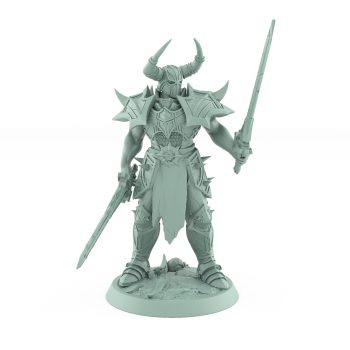 intimidating dual-sword human warrior in horned helm from unchained collection