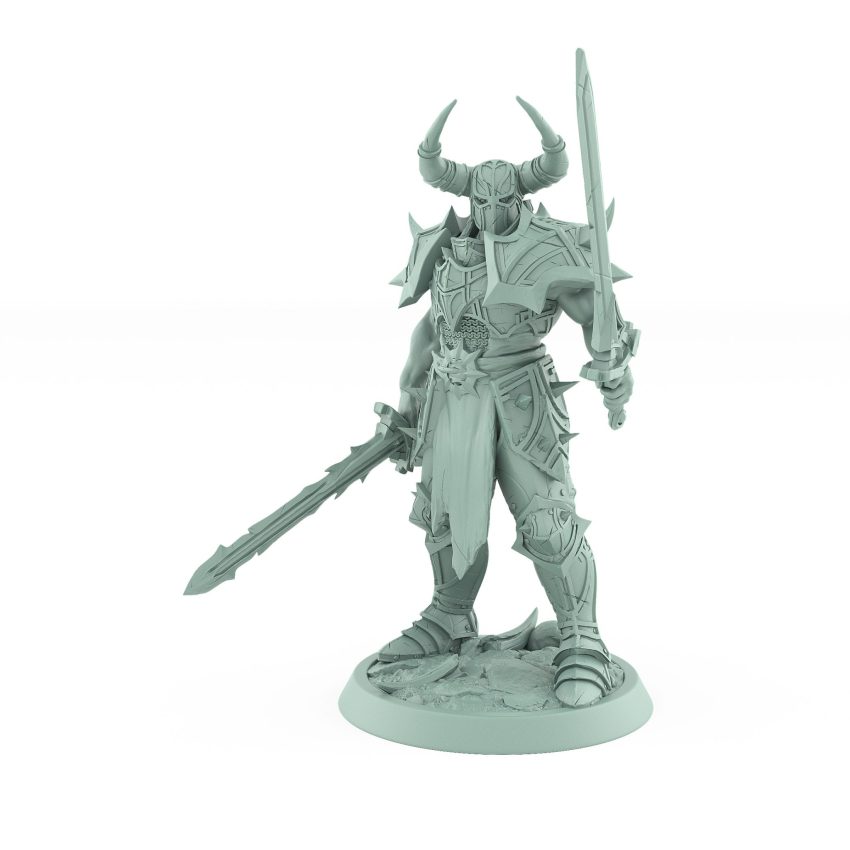 intimidating dual-sword human warrior in horned helm from unchained collection