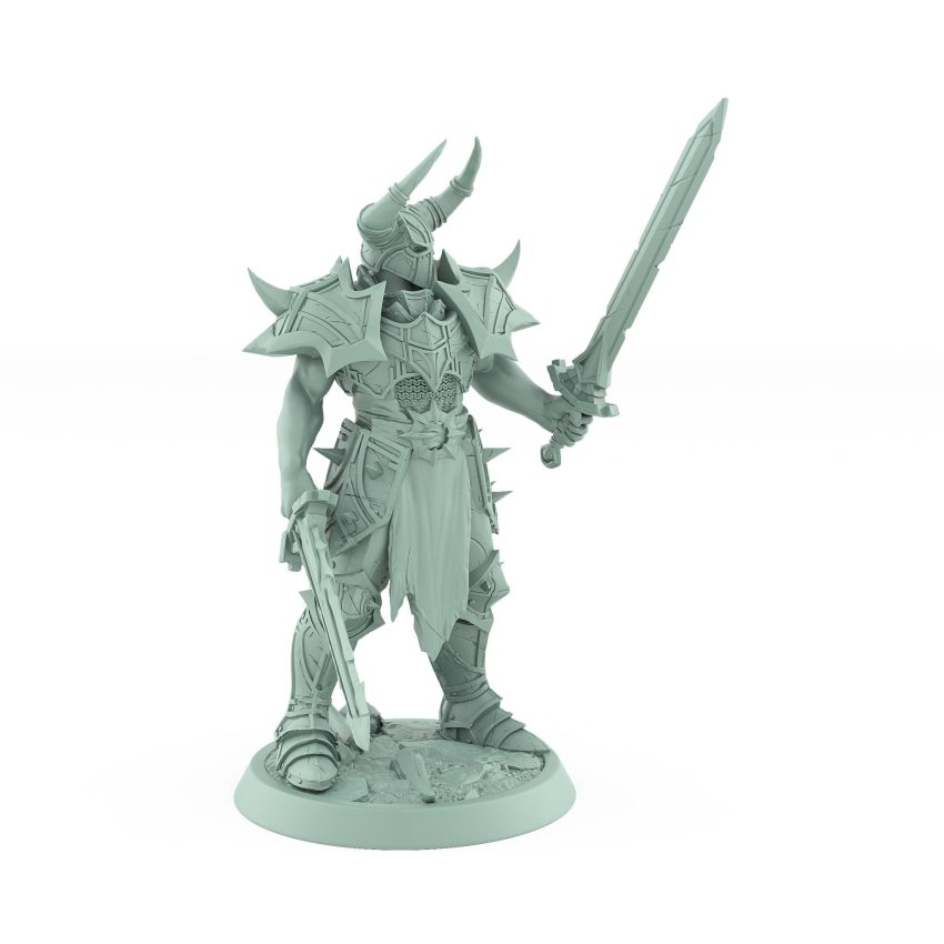 intimidating dual-sword human warrior in horned helm from unchained collection