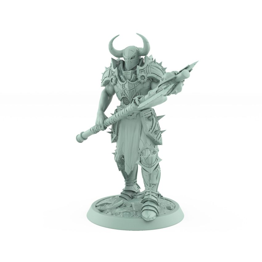 commanding human male warrior in horned helmet marching with spear from unchained collection
