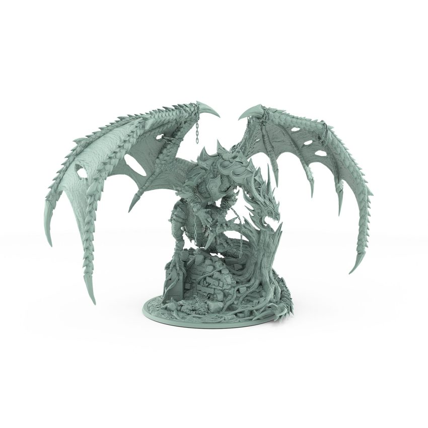 dark fantasy dragon miniature with wings chains and stone base from unchained collection