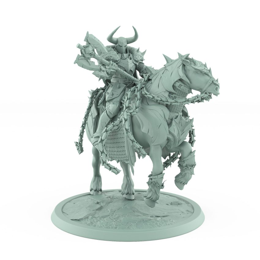 epic fantasy cavalry mount with horned rider charging on armored horse from unchained collection
