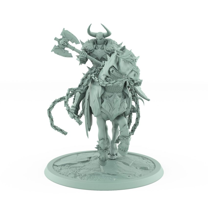 epic fantasy cavalry mount with horned rider charging on armored horse from unchained collection